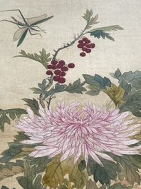 Ecole chinoise : Sept &oelig;uvres avec des insectes et des pivoines, encre et couleur sur soie, 19/20&egrave;me