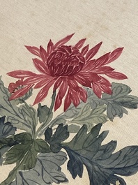 Ecole chinoise : Sept &oelig;uvres avec des insectes et des pivoines, encre et couleur sur soie, 19/20&egrave;me