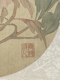 Ecole chinoise : Sept &oelig;uvres avec des insectes et des pivoines, encre et couleur sur soie, 19/20&egrave;me