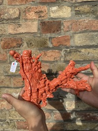 A large Chinese red coral group of Shoulao surrounded by children and a ram on wooden stand, 19/20th C.