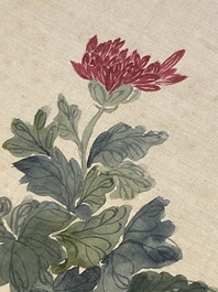 Ecole chinoise : Sept &oelig;uvres avec des insectes et des pivoines, encre et couleur sur soie, 19/20&egrave;me