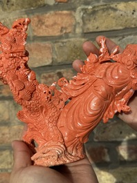 A large Chinese red coral group of Shoulao surrounded by children and a ram on wooden stand, 19/20th C.