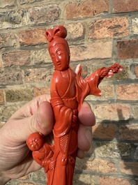 A Chinese red coral group of a lady with a boy, signed Jue Hai 絕海, 19th C.