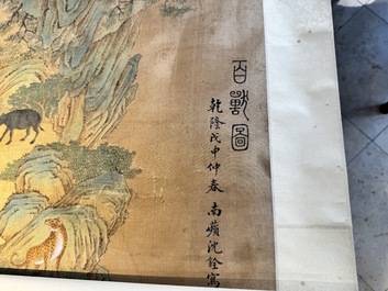 Shen Quan 沈铨 (1682-1760): 'Animals by the mountain', ink and colour on silk, dated 1728