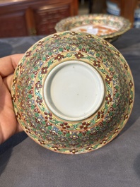 A Chinese Bencharong bowl, covered bowl and tazza for the Thai market, 19th C.