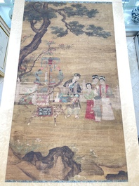 Chinese school: 'Gathering under the pine', ink and colour on silk, 18/19th C.