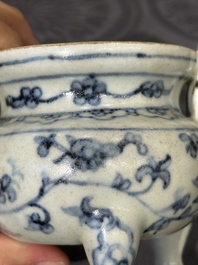 Two Chinese blue and white jars, a stem cup, a bowl and a censer, Chenghua mark, Ming