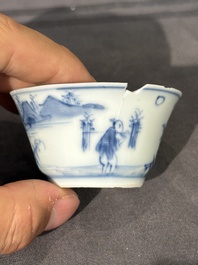 Thirteen Chinese blue and white saucers and twelve cups with figural design, Kangxi/Yongzheng