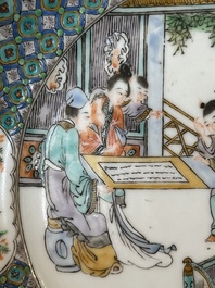 Zeven Chinese Canton famille verte borden met figuratief decor, 19e eeuw