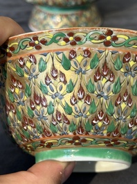 A Chinese Bencharong bowl, covered bowl and tazza for the Thai market, 19th C.