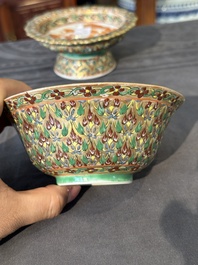 A Chinese Bencharong bowl, covered bowl and tazza for the Thai market, 19th C.