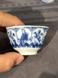 Thirteen Chinese blue and white saucers and twelve cups with figural design, Kangxi/Yongzheng