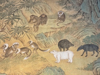 Shen Quan 沈铨 (1682-1760): 'Animals by the mountain', ink and colour on silk, dated 1728