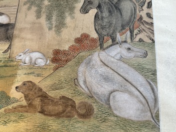 Shen Quan 沈铨 (1682-1760): 'Animals by the mountain', ink and colour on silk, dated 1728