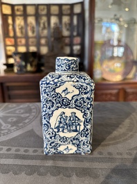 A rectangular Dutch Delft blue and white teacaddy and cover, 18th C.