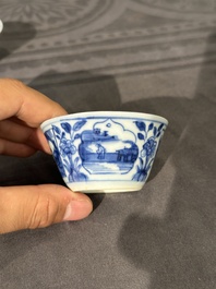 Thirteen Chinese blue and white saucers and twelve cups with figural design, Kangxi/Yongzheng