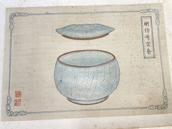 A Chinese 'imperial porcelain' album, ink and colour on silk, Qianlong seal mark, 20th C.