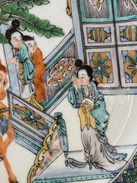 Zeven Chinese Canton famille verte borden met figuratief decor, 19e eeuw