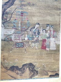 Chinese school: 'Gathering under the pine', ink and colour on silk, 18/19th C.