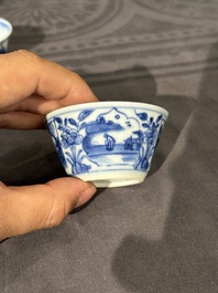 Thirteen Chinese blue and white saucers and twelve cups with figural design, Kangxi/Yongzheng