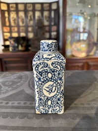 A rectangular Dutch Delft blue and white teacaddy and cover, 18th C.