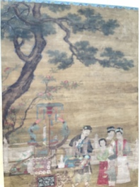 Chinese school: 'Gathering under the pine', ink and colour on silk, 18/19th C.