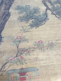 Chinese school: 'Gathering under the pine', ink and colour on silk, 18/19th C.