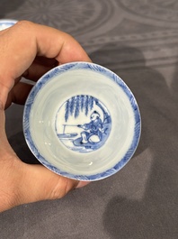 Thirteen Chinese blue and white saucers and twelve cups with figural design, Kangxi/Yongzheng