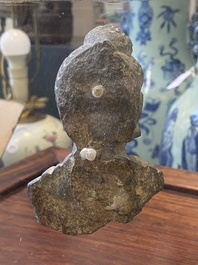 A Gandhara fragment of a stucco Sakyamuni head and a grey schist Bodhisattva head, 1/4th C.