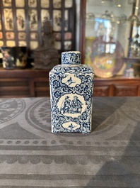 A rectangular Dutch Delft blue and white teacaddy and cover, 18th C.