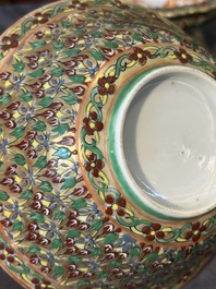A Chinese Bencharong bowl, covered bowl and tazza for the Thai market, 19th C.
