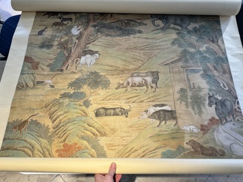 Shen Quan 沈铨 (1682-1760): 'Animals by the mountain', ink and colour on silk, dated 1728