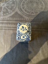 A rectangular Dutch Delft blue and white teacaddy and cover, 18th C.