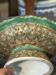 A Chinese Bencharong bowl, covered bowl and tazza for the Thai market, 19th C.