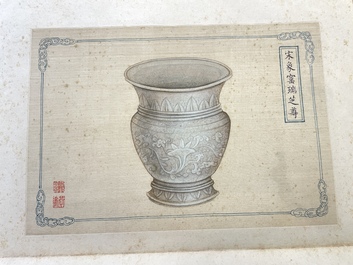 A Chinese 'imperial porcelain' album, ink and colour on silk, Qianlong seal mark, 20th C.