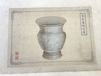 A Chinese 'imperial porcelain' album, ink and colour on silk, Qianlong seal mark, 20th C.