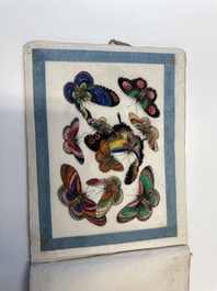 Three albums and two frames with Chinese rice paper paintings of figures, fauna and flora, Tak Shang Saihing St. Canton, 19/20th C.