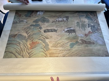 Shen Quan 沈铨 (1682-1760): 'Animals by the mountain', ink and colour on silk, dated 1728