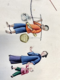 Drie albums en twee kaders met Chinese rijstpapier schilderingen van figuren, fauna en flora, Tak Shang Saihing St. Canton, 19/20e eeuw