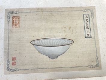 A Chinese 'imperial porcelain' album, ink and colour on silk, Qianlong seal mark, 20th C.