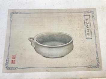 A Chinese 'imperial porcelain' album, ink and colour on silk, Qianlong seal mark, 20th C.