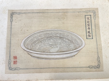 A Chinese 'imperial porcelain' album, ink and colour on silk, Qianlong seal mark, 20th C.