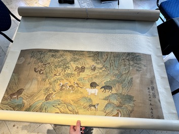 Shen Quan 沈铨 (1682-1760): 'Animals by the mountain', ink and colour on silk, dated 1728