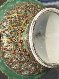 A Chinese Bencharong bowl, covered bowl and tazza for the Thai market, 19th C.