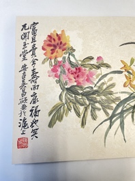 Wu Changshuo 吴昌硕 (1844-1927): Album met 10 florale werken met kalligrafie, inkt en kleur op papier