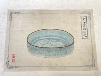 A Chinese 'imperial porcelain' album, ink and colour on silk, Qianlong seal mark, 20th C.