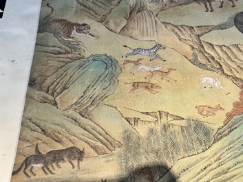 Shen Quan 沈铨 (1682-1760): 'Animals by the mountain', ink and colour on silk, dated 1728