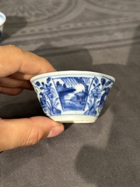 Thirteen Chinese blue and white saucers and twelve cups with figural design, Kangxi/Yongzheng