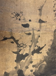 Wu Changshuo 吴昌硕 (1844-1927): 'Kalligrafie', en een anoniem schilderij, inkt op papier