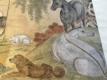 Shen Quan 沈铨 (1682-1760): 'Animals by the mountain', ink and colour on silk, dated 1728